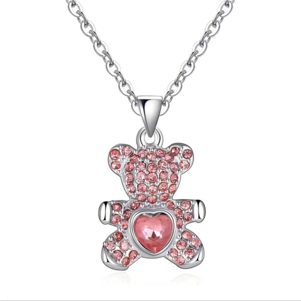 Cubic Zirconia Silver Bear with Pink Heart Necklace